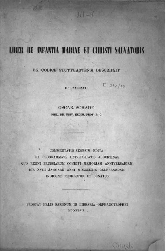 10_Евангелие псеввдо матфея_Liber de infantia Mariae et Christi Salvatoris. Libraria Orphanotrophei, 1869