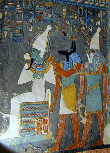 25_Анубис_Осирис под опекой Анубиса и Гора. Фрагмент росписи гробницы Хоремхеба.