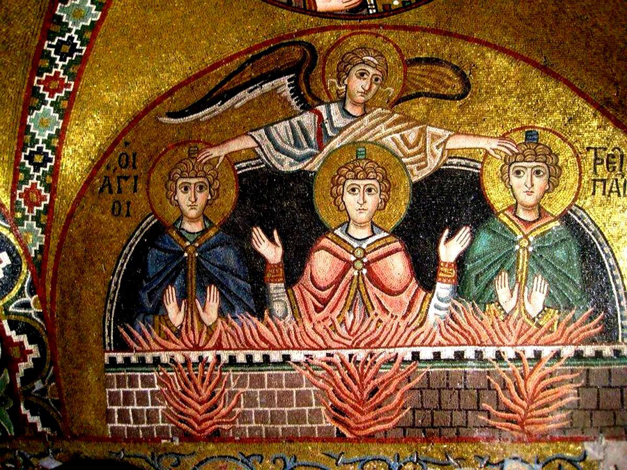 4__Три отрока в пещи огненной. Мозаика монастыря Осиос Лукас, Греция. 1030 - 1040-е годы.