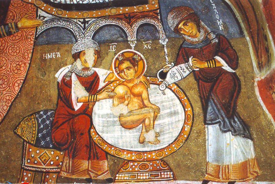 6_Купание новорожденного Христа Фрагмент иконы Рождество Христово с избранными святыми