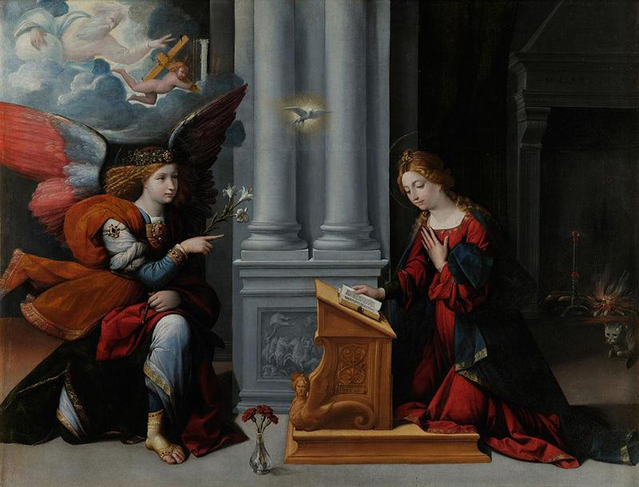 7_1_Мария читает книгу за пюпитром в момент БлаговещенияБенвенуто Тизи Благовещение (1528)